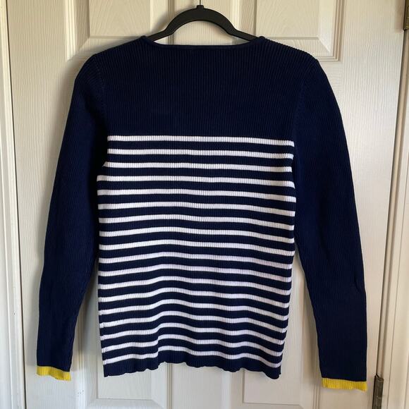 Lauren Ralph Lauren Striped Ribbed Knit Sweater Sz L Navy White Buttons Preppy - Picture 3 of 9
